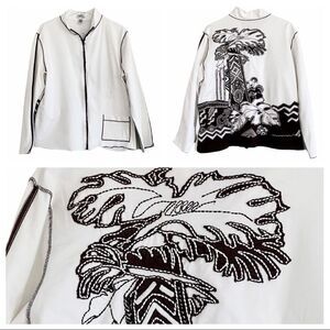 Chico’s Spa by CHICO’S Ivory with Brown Emblems & Trim Jacket Size 3 or XL